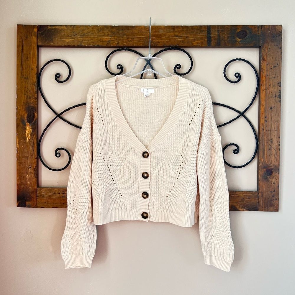 Ivy & Main Cream Pointelle Knit Cropped Cardigan Sweater Soft Girl Boho Chic XL - Picture 3 of 13